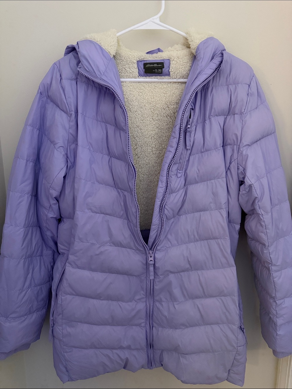 Eddie Bauer Lavender Quilted Puffer Jacket with Sherpa Hood